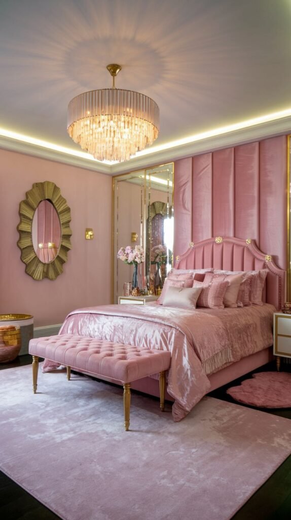 A sumptuously cozy and glam bedroom bathed in soft pink and gold. A large, vertically tufted pink headboard anchors the room, complemented by a matching pink bed and a long pink velvet bench. A crystal chandelier and an ornate gold mirror enhance the luxurious feel.