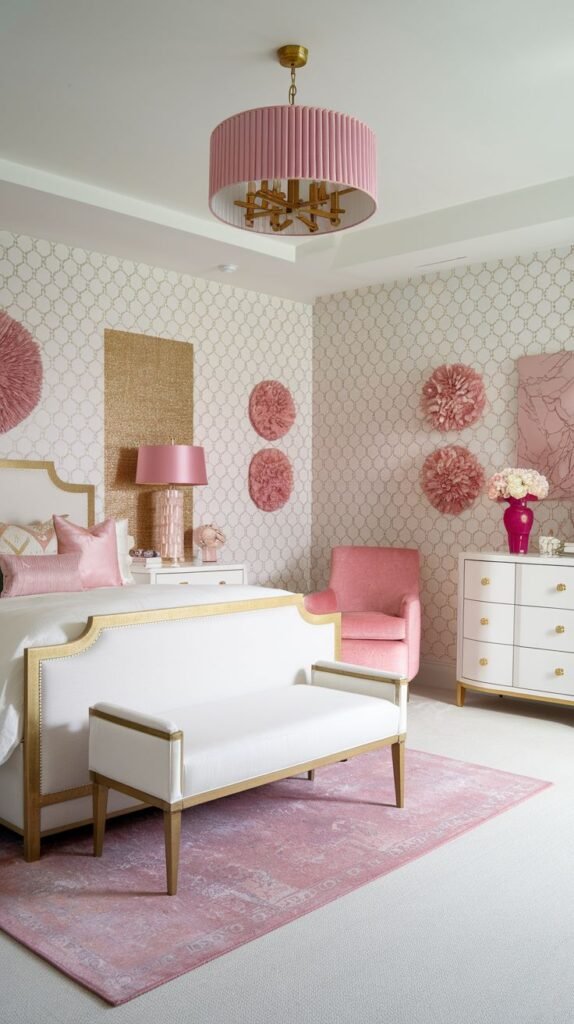 A bright and glam bedroom with a refreshing pink and white palette. Patterned wallpaper with gold accents covers the walls. A white bed with gold trim and a matching bench are central, while a pink pleated chandelier and pink armchair add to the cozy charm.