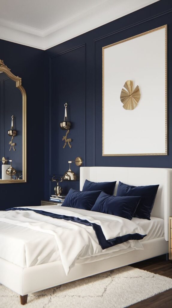 A serene and cozy bedroom with deep navy paneled walls contrasted by a crisp white bed with navy velvet pillows. Gold accents are featured in the large wall art, a mirror, and decorative wall sconces, contributing to the room's glam aesthetic.