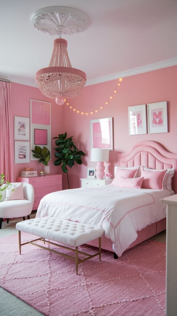 A cheerful and cozy pink bedroom, featuring a pink bed with white bedding and a white tufted bench. A pink beaded chandelier and string lights add a whimsical touch. Framed artwork on the walls and a large plant contribute to the room's inviting and glam ambiance.