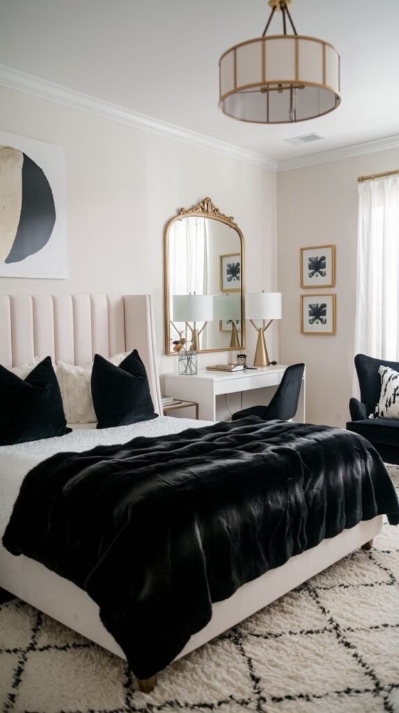 A modern and cozy bedroom primarily in black and white with subtle gold accents. A large black faux fur throw covers the bed, complemented by a cream tufted headboard. A gold-framed mirror and minimalist artwork add to the glam aesthetic.