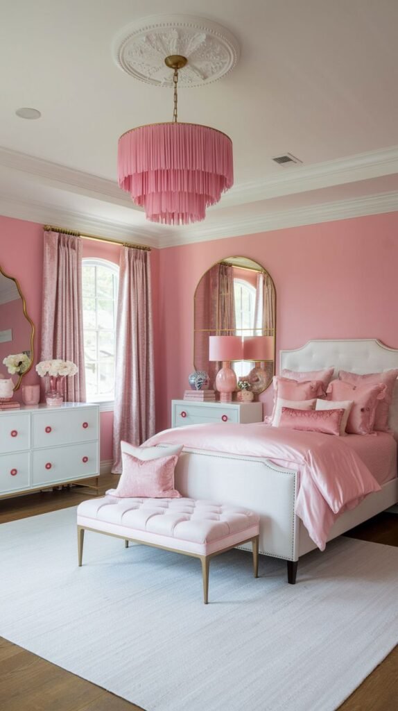 A beautiful and glam bedroom in various shades of pink and white. Mirrored alcoves frame the bed area, which features a white tufted headboard and pink bedding. A large pink pleated chandelier and a pink velvet bench enhance the cozy and elegant atmosphere.