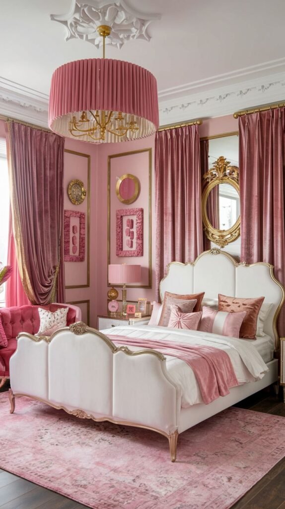 A highly decorative and glam bedroom inspired by baroque styles, featuring a pink and gold color scheme. An ornate white bed with gold trim and a plush pink headboard is central. A large pink pleated chandelier and heavy velvet drapes add to the cozy, opulent feel.