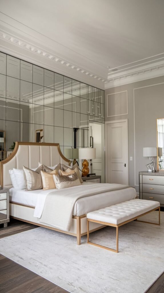 A bright and glam bedroom with a large mirrored wall that creates a sense of space. A white upholstered bed with gold trim and a matching white bench are prominent. The clean lines and muted color palette of white and light gray contribute to a refined and cozy environment.