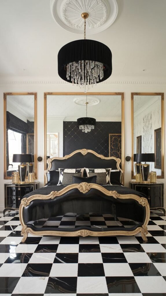 A bold and exceptionally glam bedroom with a dramatic black and white checkerboard floor. A baroque-style black bed with ornate gold trim is the focal point. Large gold-framed mirrors and a black pleated chandelier enhance the cozy, high-contrast design.