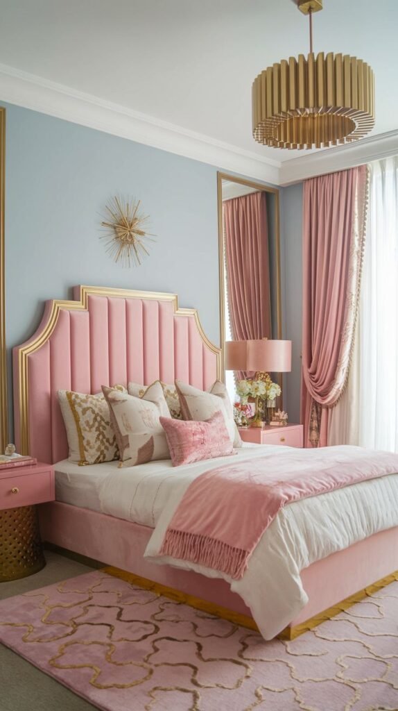 A vibrant and glam bedroom featuring a pink bed with a tall, paneled headboard against a light blue wall. Gold geometric patterns and a gold pleated chandelier add a modern touch. The pink rug and drapes contribute to the cozy and inviting ambiance.