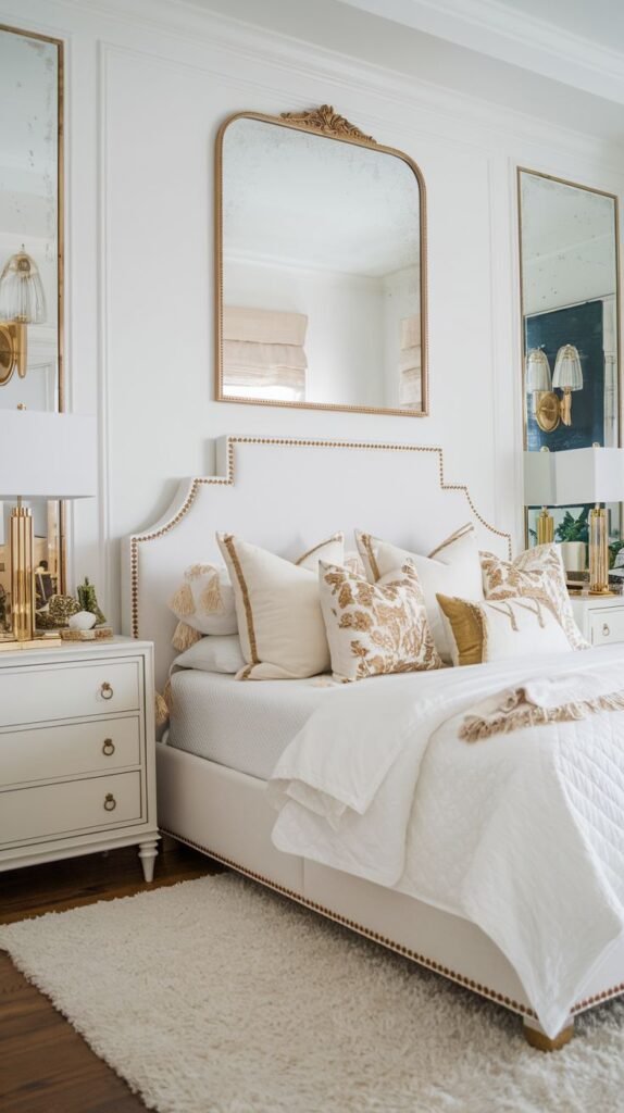 An elegant and glam bedroom in white and gold tones. A white tufted headboard is topped by an ornate gold-framed mirror. Gold accents are seen on the furniture and decorative pillows, creating a serene and cozy atmosphere.