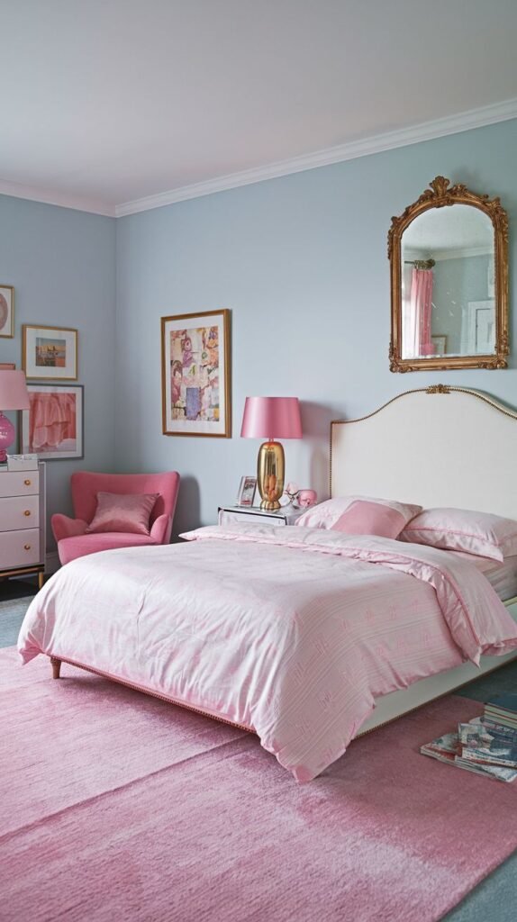 A simple yet cozy and glam bedroom featuring light blue walls and pink accents. A white tufted headboard and pink striped bedding are central. An ornate gold-framed mirror hangs above a dresser, adding a touch of elegance to the serene space.