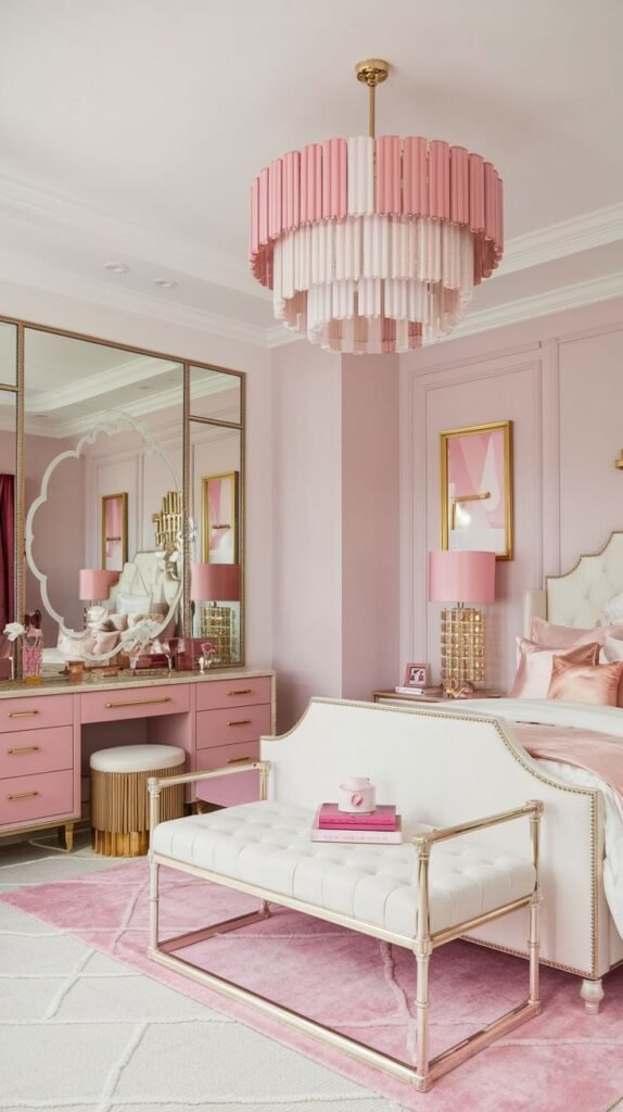 A chic and glam bedroom predominantly in pink and white. A large pink vanity area with a scalloped mirror is a highlight. A tiered pink and white chandelier provides lighting, and a white tufted bed with gold trim and a matching bench create a cozy and luxurious setting.