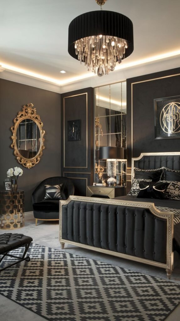 A dramatic and glam bedroom predominantly in black and gold tones. A large black bed with ornate gold trim is set on a geometric patterned rug. A black and crystal chandelier provides lighting, and a gold-framed mirror and unique side table enhance the cozy, luxurious ambiance.