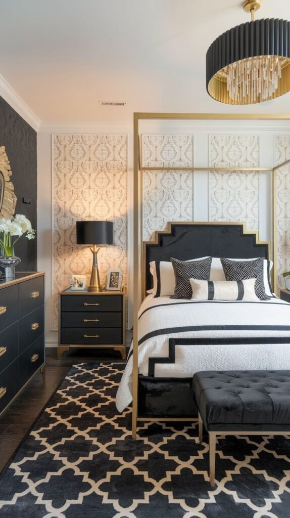 A cozy and glam bedroom featuring a black and white color scheme with prominent gold accents. A four-poster bed with a black headboard and white bedding is centered on a black and white patterned rug. A round black and gold chandelier hangs from the ceiling, and a black dresser and nightstand are visible, completing the elegant look.