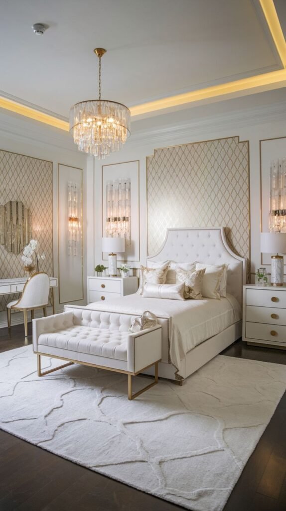 A bright and glam bedroom designed with white and gold elements. A white tufted bed with gold trim is complemented by a white tufted bench. A sparkling crystal chandelier hangs from the detailed ceiling, and gold accents on the wall paneling and a mirrored vanity add to the cozy yet elegant atmosphere.