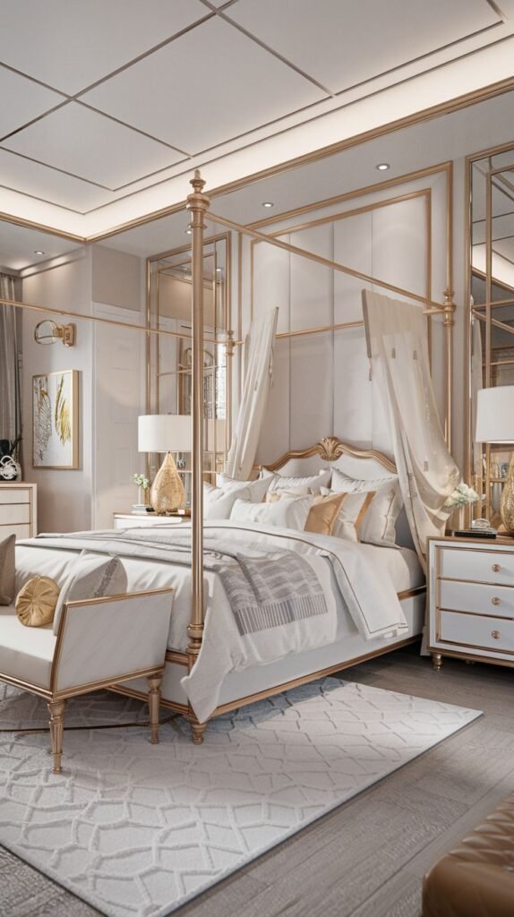 A spacious and glam bedroom featuring a gold four-poster canopy bed with white drapes and bedding. The room is decorated in white and gold tones, including wall paneling and a large mirror, creating a bright and cozy retreat.
