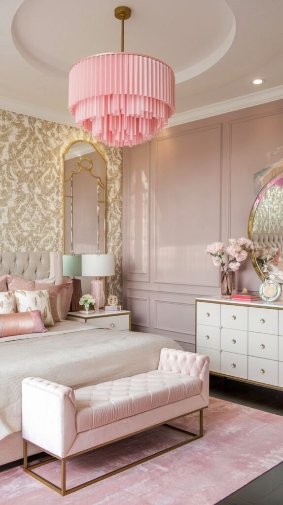 A charming and glam bedroom in soft pink and gold hues. A large pink pleated chandelier illuminates the space, which includes a beige tufted headboard and a pink velvet bench with gold legs. Patterned wallpaper on one wall and a decorative gold mirror add to the cozy and feminine appeal.