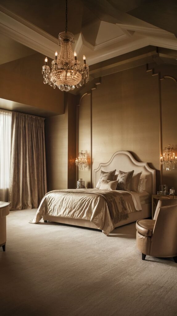 A sophisticated and glam bedroom adorned in warm gold and beige tones. An ornate crystal chandelier is suspended from a detailed ceiling. Wall paneling with gold trim adds texture, while plush carpets and drapes contribute to a distinctly cozy and luxurious environment.