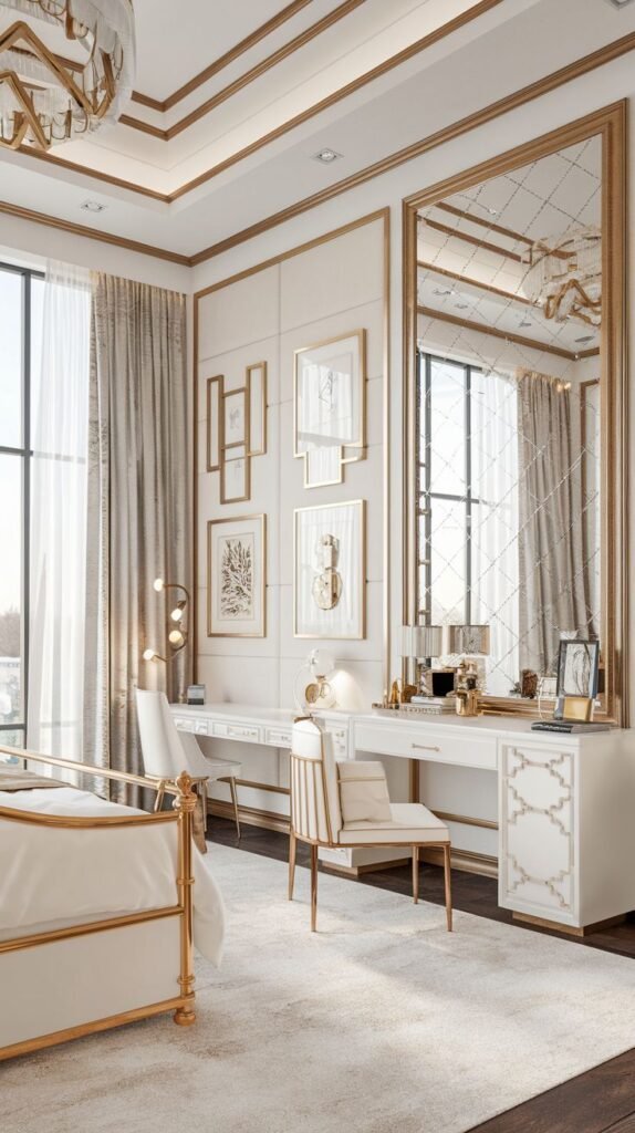 A grand and glam bedroom featuring an elegant white and gold color scheme. A large window provides natural light to the desk area, which includes a mirrored wall and gold-framed art. The gold-framed bed and intricate ceiling molding underscore the cozy, opulent design.