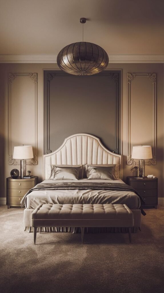 A contemporary and glam bedroom in a muted palette of beige and gray. A beige upholstered bed with a curved headboard is accompanied by matching nightstands and a velvet bench. A unique modern chandelier serves as a focal point, contributing to the cozy and sophisticated feel.