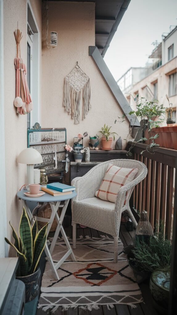 a small, cozy balcony with a white wicker chair, a blue folding table, and a patterned rug, decorated with books and a lamp, suggesting a comfortable reading spot.