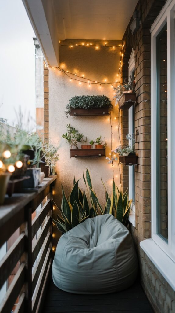 a small, cozy balcony transformed into a comfortable lounging area with a large bean bag chair, wall-mounted planters, and string lights, perfect for relaxation.