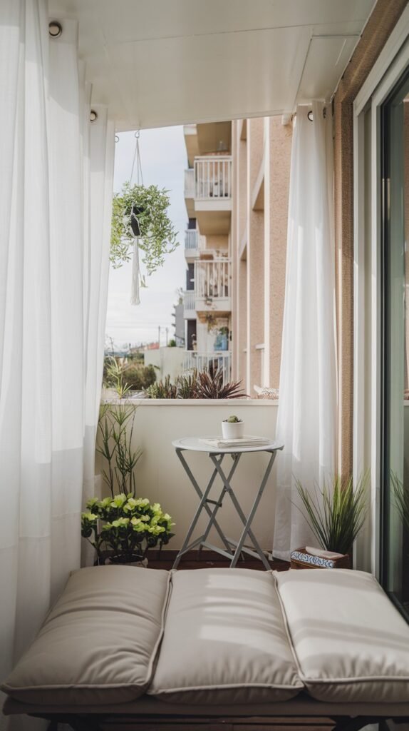 a small, cozy balcony with a long cushion seating area, a white folding table, and sheer white curtains providing a sense of privacy and comfort.