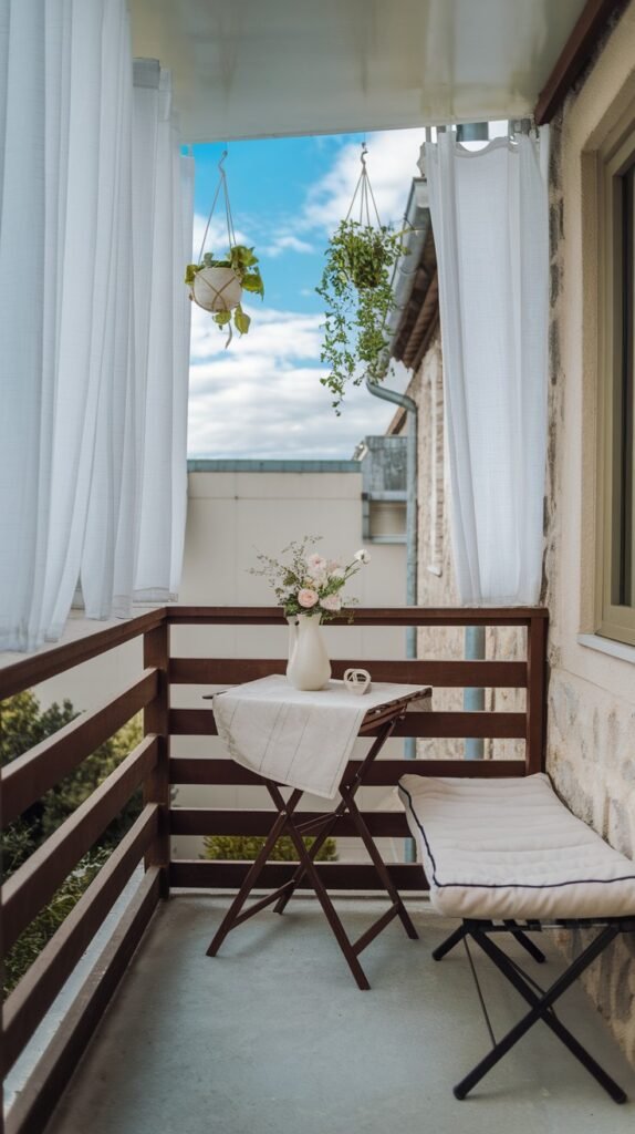 a small, cozy balcony with a wooden railing, a folding table, a cushioned bench, and white curtains, offering a serene outdoor retreat.