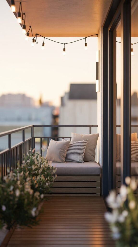 a small, cozy balcony with a built-in bench seating adorned with neutral-toned cushions, illuminated by string lights, providing a warm and inviting space.