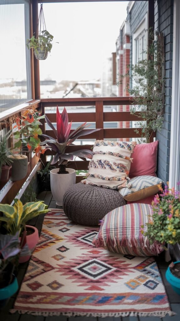 a small, cozy balcony vibrant with multiple potted plants, colorful floor cushions, and a patterned rug, creating a rich and comfortable bohemian feel.