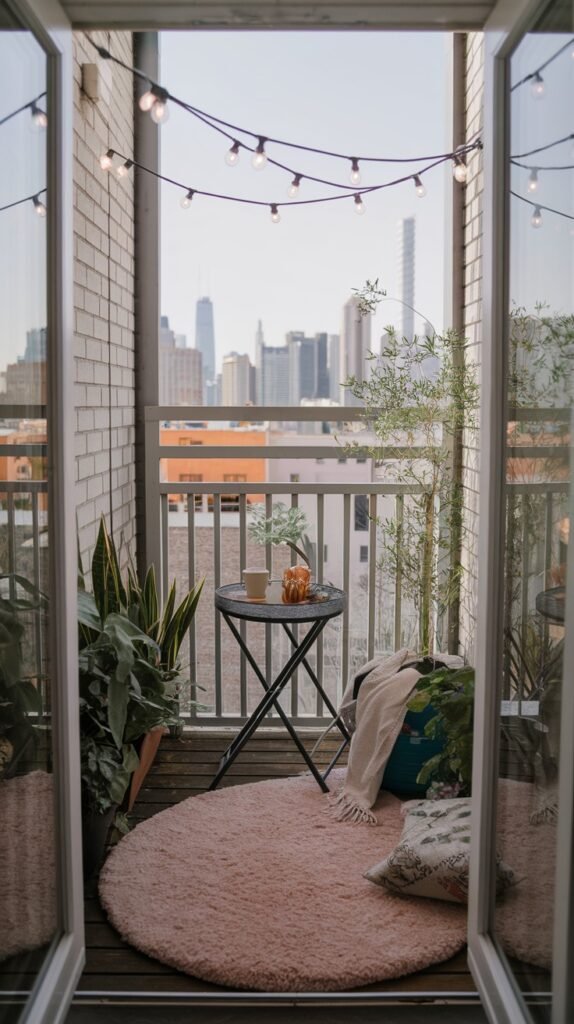 a small, cozy balcony with a city view, featuring a round pink rug, a small black folding table, and string lights, making it an intimate urban escape.