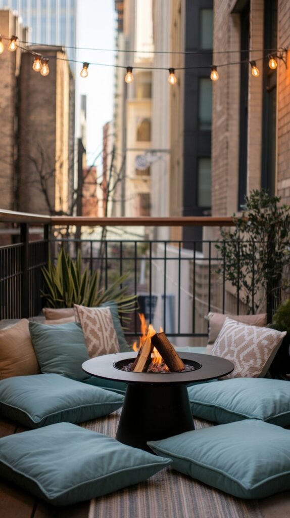 a small, cozy balcony with light blue floor cushions surrounding a modern fire pit, enhanced by string lights, creating an intimate and warm gathering spot.