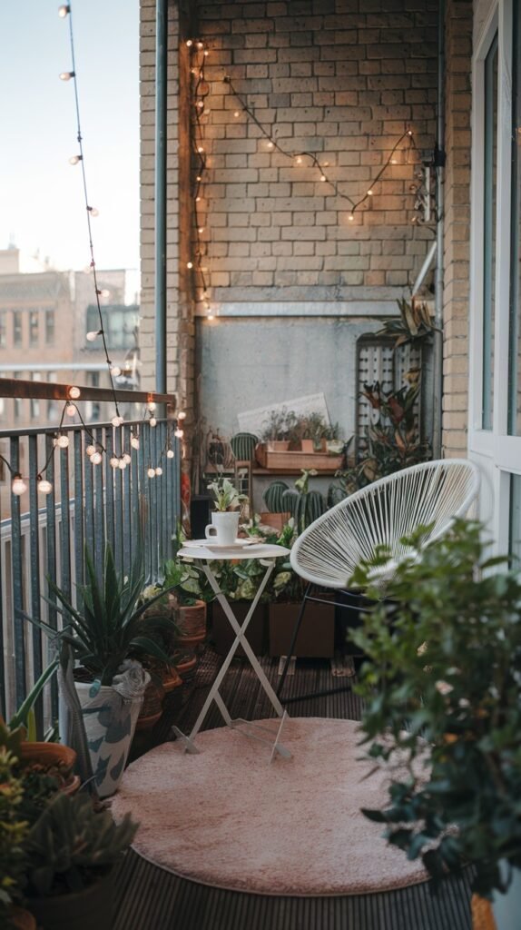 a small, cozy balcony with a round pink rug, a small white folding table, a unique white chair, and numerous potted plants, all lit by string lights.