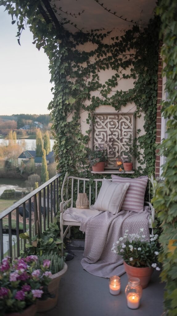 a small, cozy balcony covered in ivy, with a white bench adorned with cushions and a throw, and illuminated by small lanterns, offering a charming and secluded spot.
