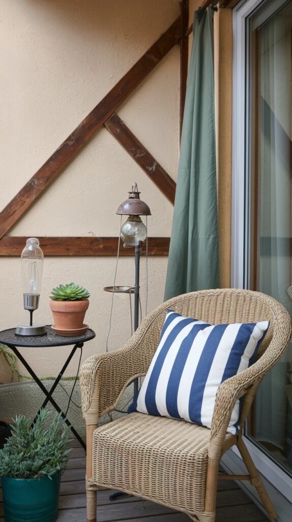 a small, cozy balcony with a rattan chair featuring a striped pillow, a small black table with a plant, and unique lamps, creating a comfortable and stylish area.
