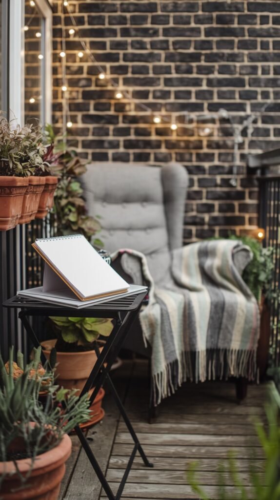 a small, cozy balcony with a plush gray armchair, a striped blanket, and a small black folding table, illuminated by string lights against a brick wall, perfect for unwinding.