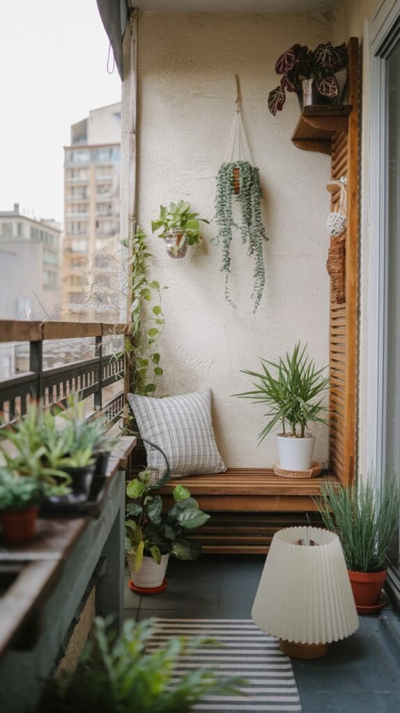 a small, cozy balcony with a wooden bench, various potted plants including hanging ones, and a pleated lamp on the floor, designed for a peaceful, green escape.