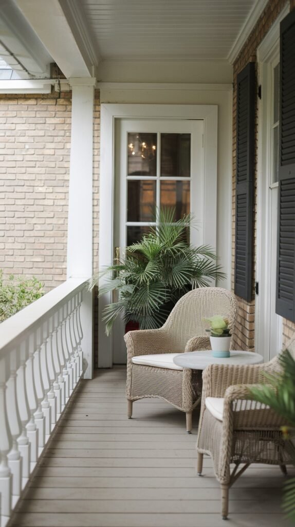 a small, cozy porch or balcony with two light-colored wicker chairs and a small round table, surrounded by lush plants, offering a classic and inviting seating area.