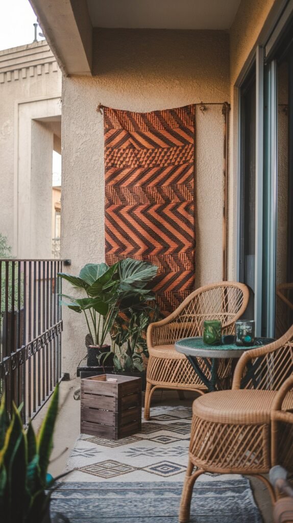 a small, cozy balcony featuring two rattan chairs, a round table, a wooden crate, and a large plant, with a patterned wall hanging creating a warm atmosphere.