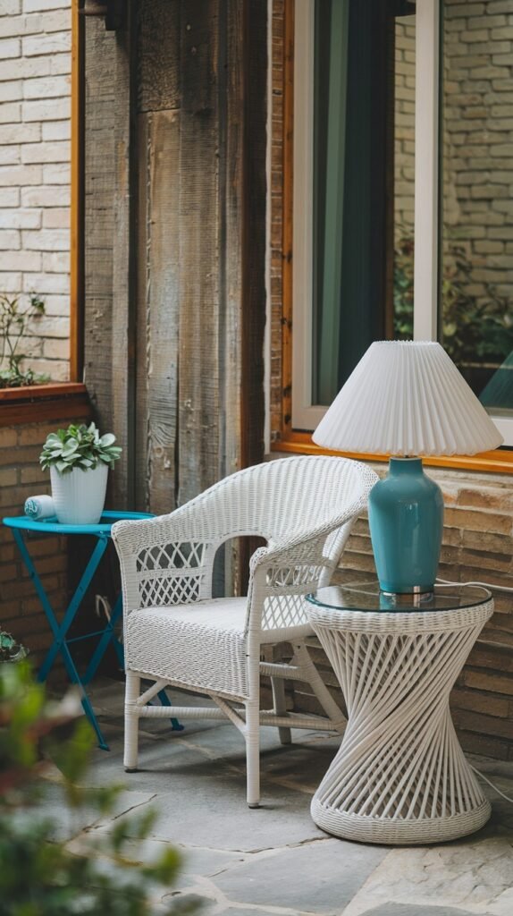 a small, cozy outdoor nook with a white wicker chair, a blue folding table, and a unique white spiral side table topped with a teal lamp, set against a brick wall.