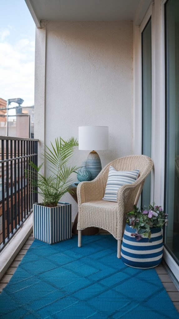 a small, cozy balcony area with a light-colored wicker chair, a blue outdoor rug, and striped planters, creating a vibrant yet inviting space.