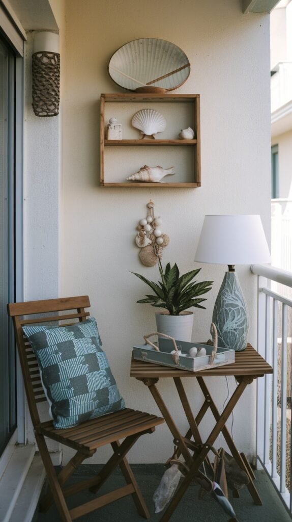 a small, cozy balcony with a wooden folding chair and table, decorated with coastal-themed items like seashells on a shelf and a plant, offering a serene escape.