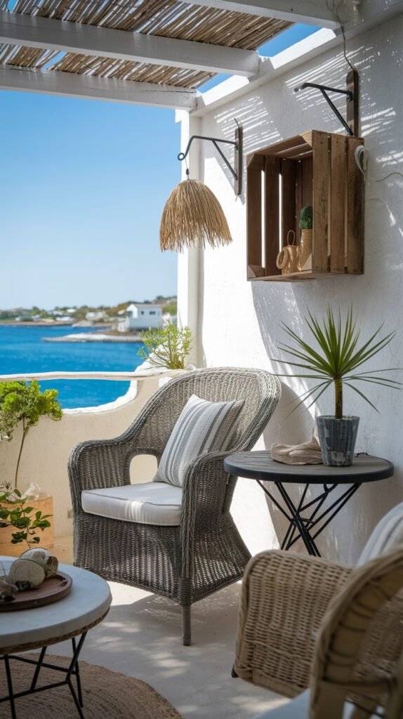 a small, cozy outdoor space overlooking the sea, with a gray wicker chair, a round table, and a straw-like hanging light fixture, providing a relaxing view.