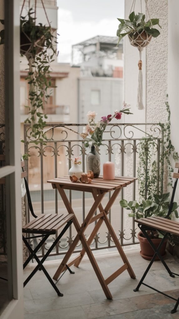 a small, cozy balcony furnished with a wooden folding table and chairs, adorned with flowers in a vase and hanging plants, creating a charming and intimate setting.