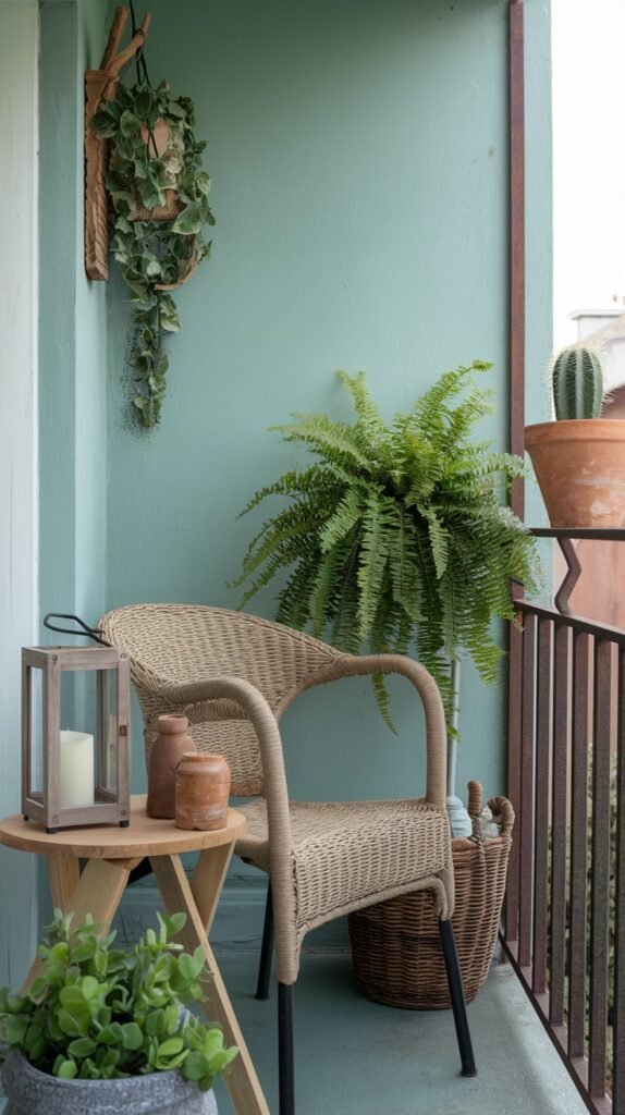 a small, cozy balcony with a light-colored wicker chair, a wooden side table with a lantern, and various plants against a teal wall, inviting relaxation.