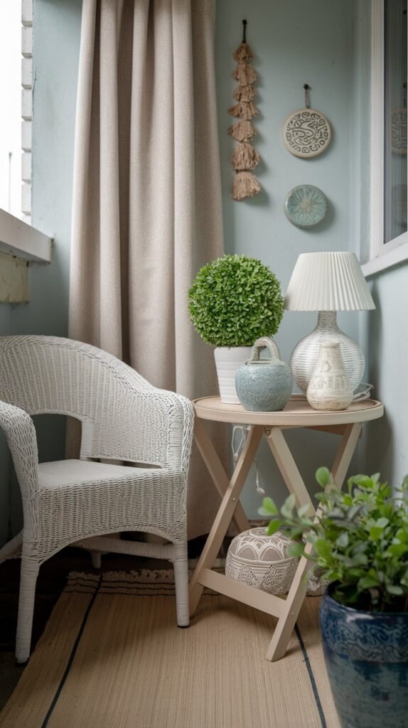 a small, cozy corner on a balcony with a white wicker chair, a light wooden folding table, and decorative elements like a lamp and potted plants, softened by a light curtain and rug.