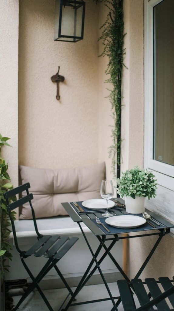 a small, cozy balcony dining setup with two black metal chairs and a folding table set for two, complemented by a built-in bench with a cushion and hanging greenery.