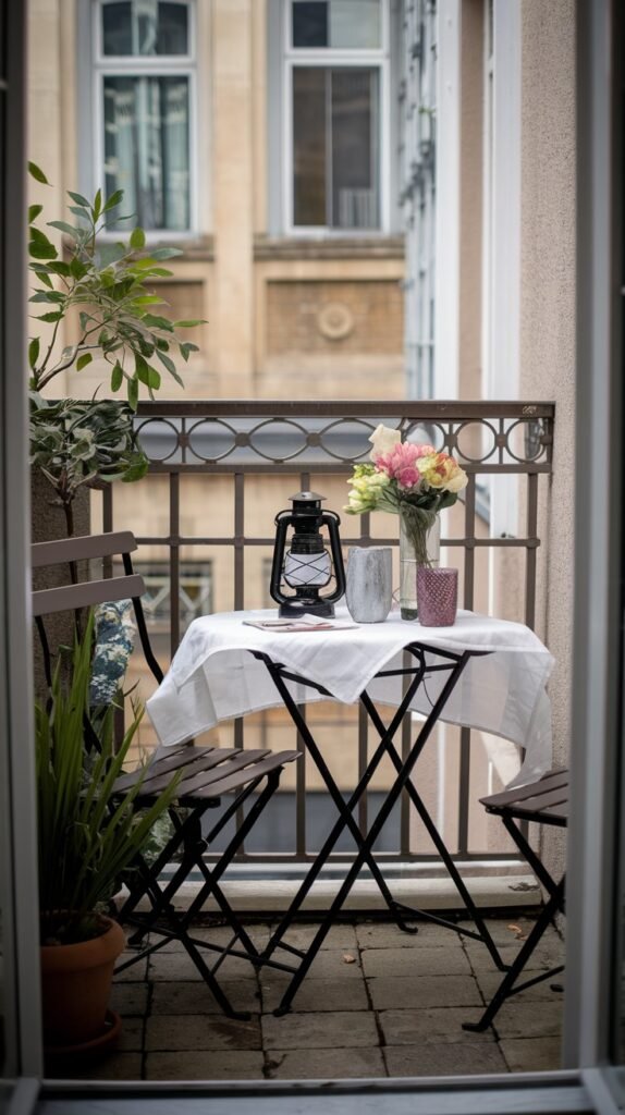a small, cozy balcony view with a white-covered folding table, two chairs, and a lantern, offering a simple yet inviting space for outdoor enjoyment.