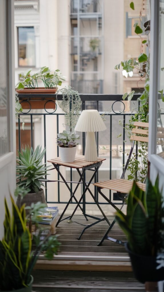 a small, cozy balcony abundant with various plants, a wooden folding table and chairs, and a white lamp, creating a verdant and tranquil atmosphere.