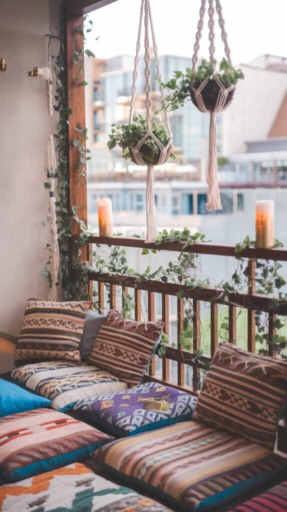 a small, cozy balcony with numerous patterned floor cushions, string lights, and hanging plants, designed for relaxed lounging.