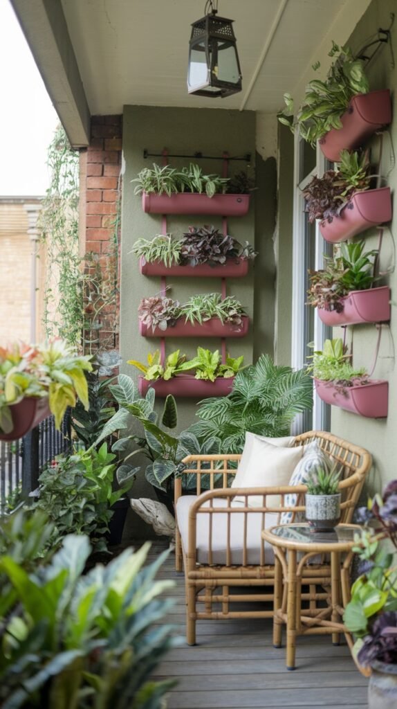 a small, cozy balcony teeming with plants in hanging and wall-mounted planters, featuring a comfortable wicker chair and a small glass-top table.