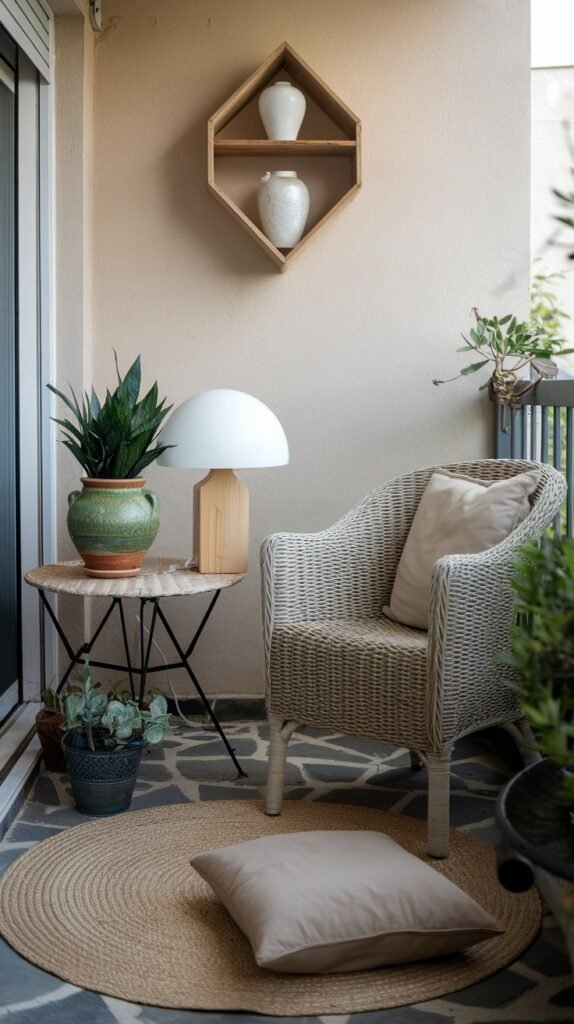 a small, cozy balcony with a light-colored wicker chair, a round rug, and a folding table with a lamp and plant, creating a pleasant, compact outdoor area.