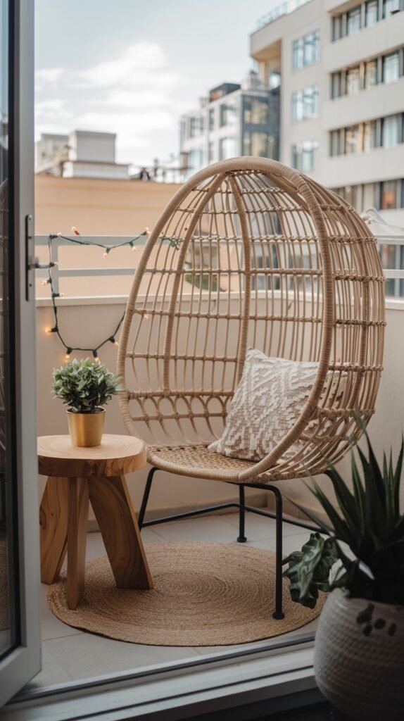 a small, cozy balcony featuring a unique egg-shaped rattan chair, a wooden side table, a round rug, and string lights, establishing an inviting ambiance.